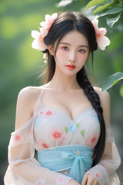 arien_hanfu,1girl, solo, flower, long hair, black hair, hair ornament, (big breasts:1.39),hair flower, blue eyes, floral print, chinese clothes, looking at viewer, detached sleeves, upper body, white flower, parted lips, dress, pink flower, china dress, bare shoulders, blush, red flower, eyelashes, white dress, lips, sleeveless, parted bangs, grey background, gongzhuqie, neon_dress,huansha, glowing,lens flare,big leaf,plant, wind, chang,(big breasts:1.5),