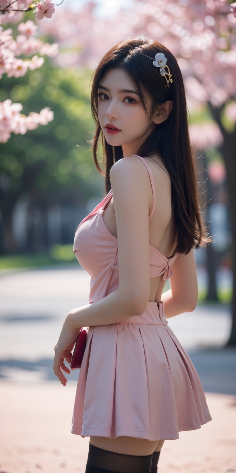  1girl,eye contact,sunlight,(pink JK_suit:1.2),JK_style,(dark blue JK_skirt),standing,arms behindback,white thighhighs,unity 8k wallpaper,ultra detailed,beautiful and aesthetic,cherry blossoms,(depth of field:1.5),(black pantyhose),reality,high quality,highres,(big breasta:1.45)