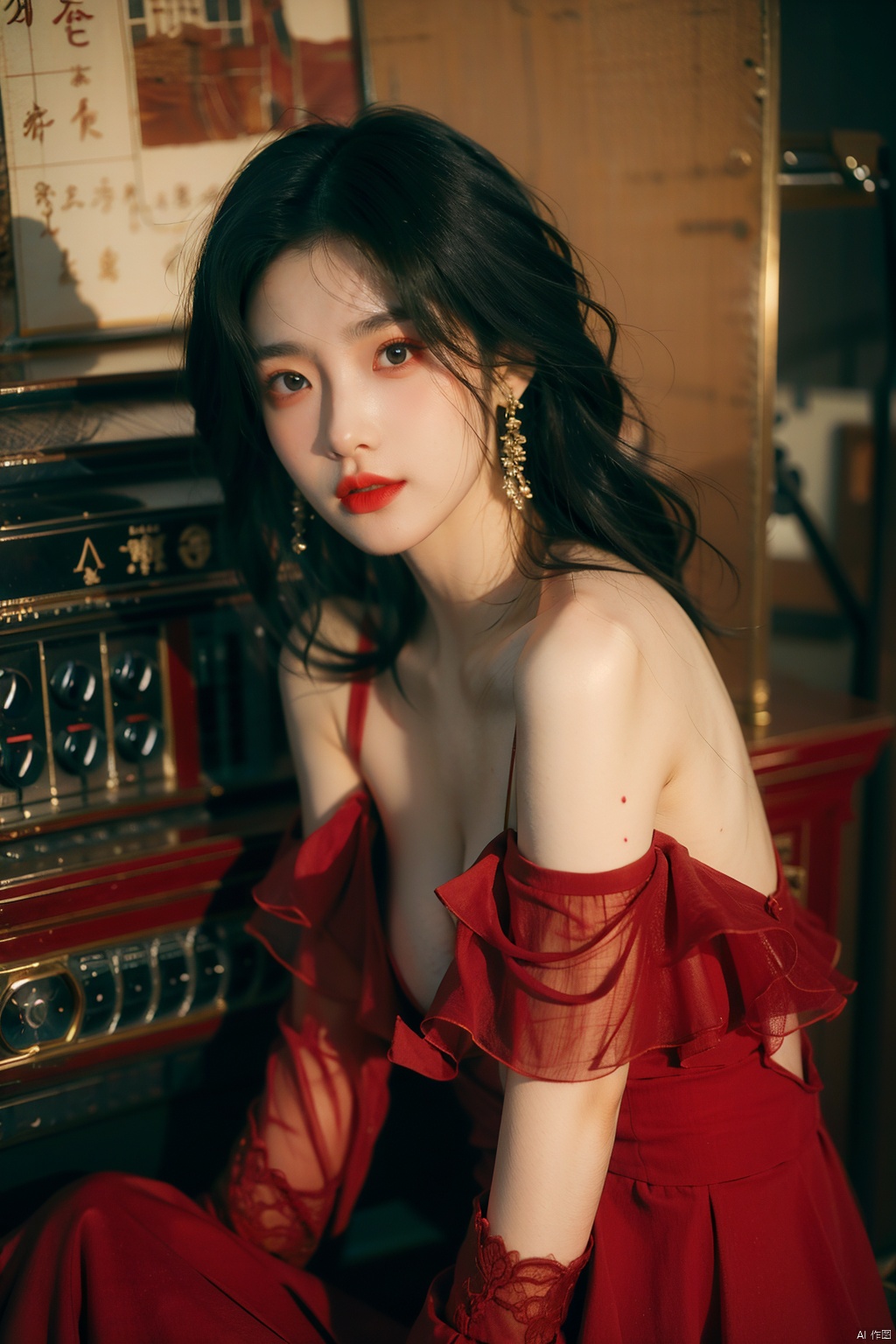  sdmai, hongchen, 1girl, solo, dress, red dress, black hair, realistic, breasts, jewelry, earrings, looking at viewer, bare shoulders,(big breasts:1.33)