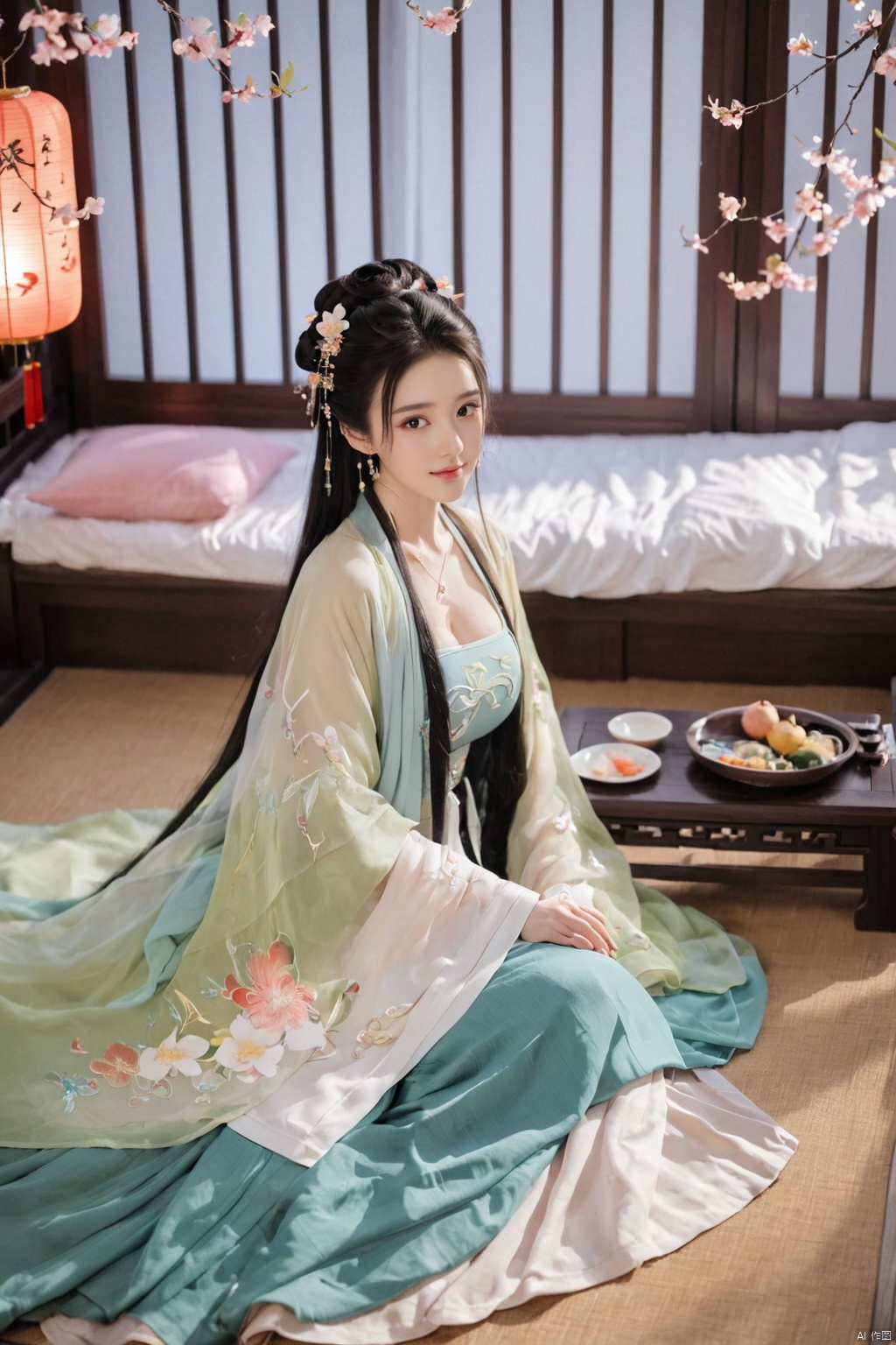  1girl, solo, long hair, black hair,Hairpins,necklace, hair ornament, dress, full body, flower, earrings, indoors, hair bun, (Laser color dress),(Tube top Hanfu long skirt:1.1), pillow, bed, night, chinese clothes, table, branch,daxiushan, ,daxiushan style,(huge breasts:1.99), (full breasts:1.59), realistic,hanfu, daxiushan,Shoulders are exposed, , daxiushan, arien_hanfu, FilmGirl