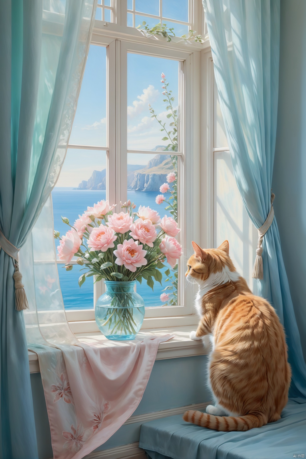  a cat looking at a bouquet, near by the window with the curtains, coastal landscape outside the window, oil painting, plein air painting, dreamy azure, light blue and dreamy pink, dreamy ice mint, natural light, high quality, high detail, super clarity, transcendent work