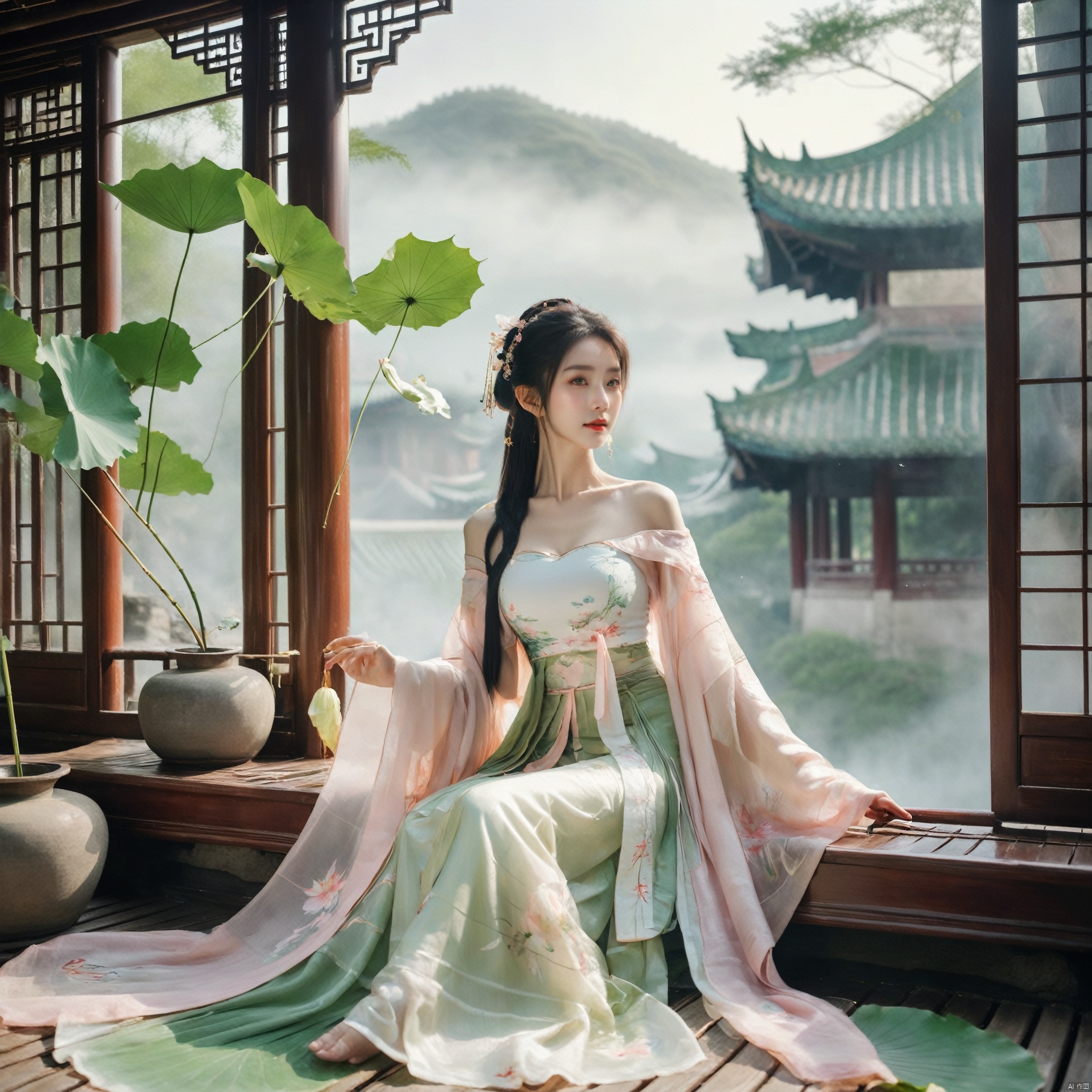 ((1girl)),solo,(huge breasts:2),kneel on a bamboo mat bed in garden,thin hanfu,foggy,(curtain),(bamboo forest:1.2),tiles roof,translucent silk chiffon hanfu,dudou,light green and white,off shoulders,chinese painting,gongbi style,water_color,(grapevineman:1.2),(trees, artificial mountain, green lotus leaves,light pink lotus flowers),koi,wooden windows,doors,bed,(rocky garden),trandional architecture,temple,tower,wall,chinese garden,long hair,full body,bangs,(masterpiece, Extremely detailed, best quality, highres:1.2),(ultra_detailed, UHD:1.2),soft smile,nsfw,(huge breasts:2.1), gufeng