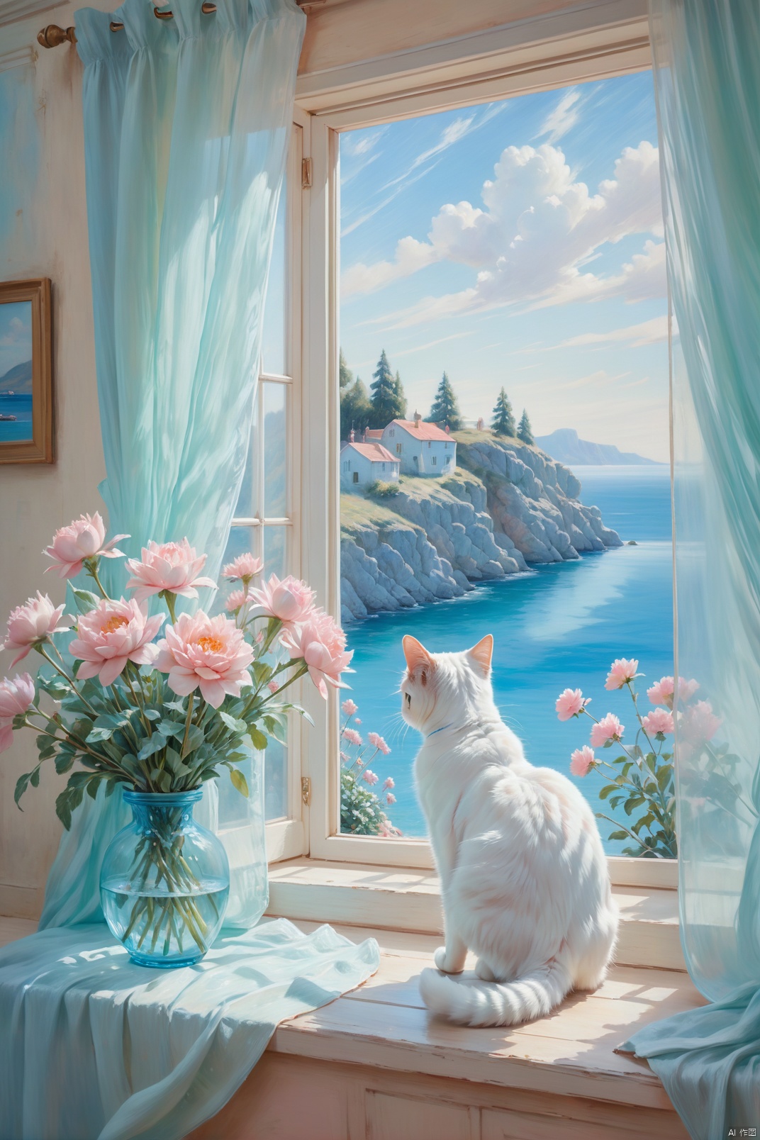  a cat looking at a bouquet, near by the window with the curtains, coastal landscape outside the window, oil painting, plein air painting, dreamy azure, light blue and dreamy pink, dreamy ice mint, natural light, high quality, high detail, super clarity, transcendent work