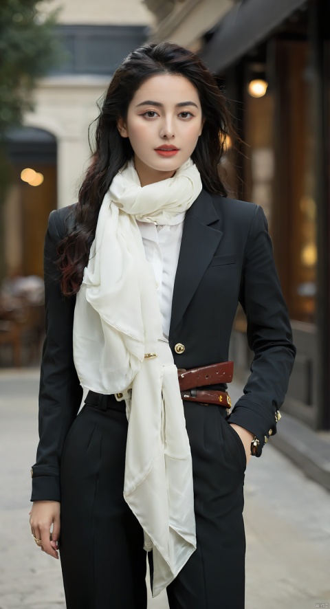  1girl,scarf,long hair,pants,solo,ring,jewelry,red pants,shirt,belt,hand in pocket,white shirt,blurry,blurry background,looking at viewer,black hair,brown eyes,formal,white scarf,standing,black jacket,realistic,lips,buttons,cowboy shot,outdoors,long sleeves,pant suit,monkren,(big breasts:1.2)
