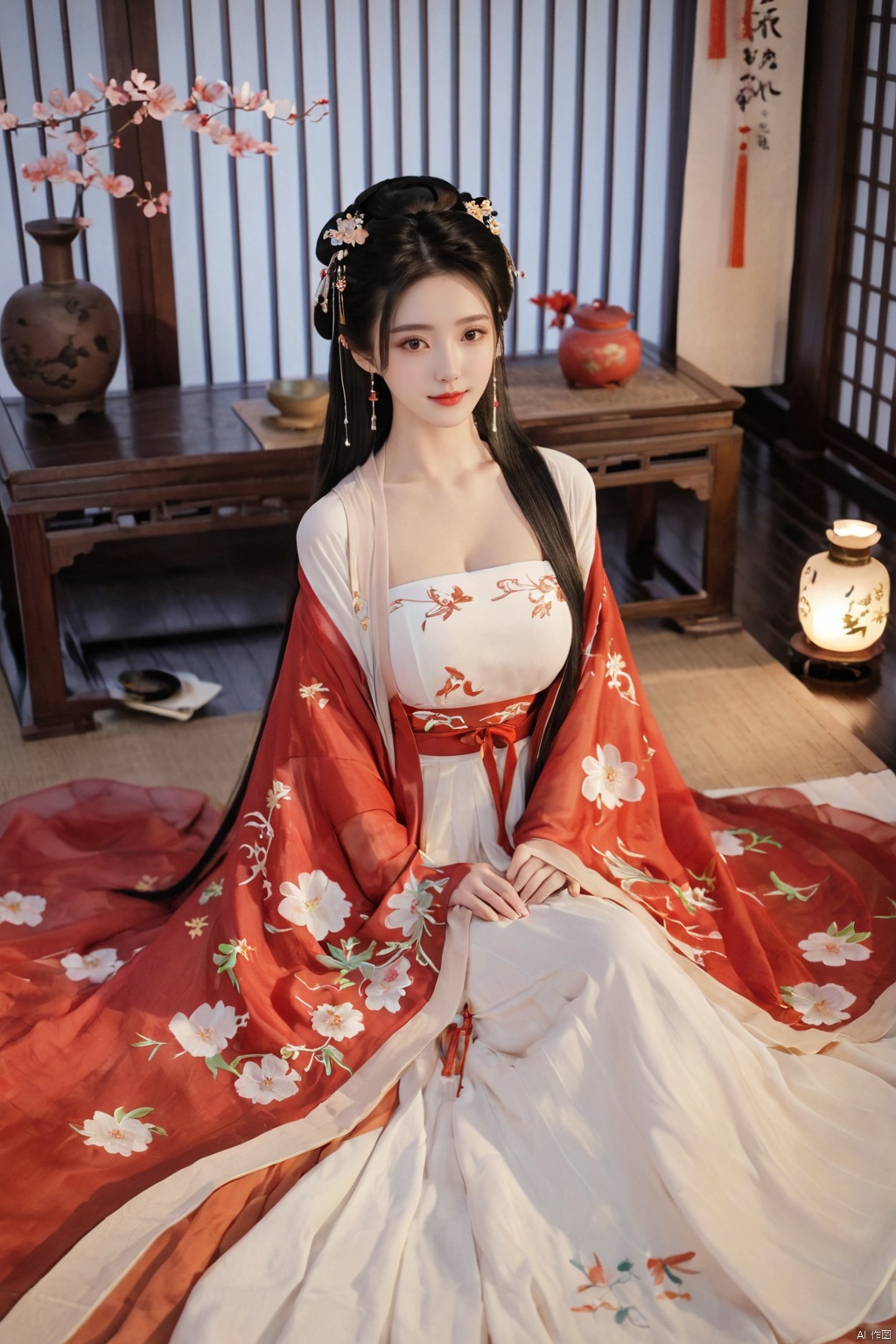  1girl, solo, long hair, black hair,Hairpins,necklace, hair ornament, dress, full body, flower, earrings, indoors, hair bun, (black-red dress),(Tube top Hanfu long skirt:1.1), pillow, bed, night, chinese clothes, table, branch,daxiushan, ,daxiushan style,(huge breasts:1.99), (full breasts:1.59), realistic,hanfu, daxiushan,Shoulders are exposed, , daxiushan, arien_hanfu, FilmGirl
