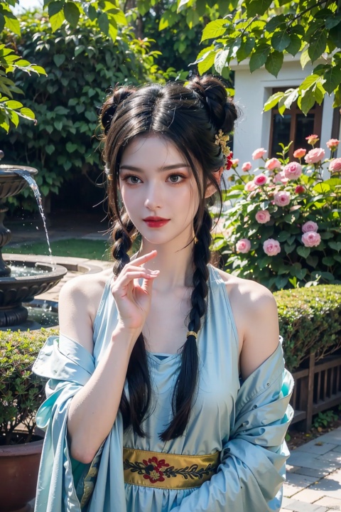  (hanfu:0.9),(ru_qun:1.1),(masterpiece:1.2), (best quality:1.3), (ultra-detailed:1.2), (illustration:1.2), (Cinematic Lighting),In a whimsical and fantastical garden, the 2D anime black hair girl sits on a giant toadstool, surrounded by giant mushrooms and colorful butterflies. She wears a playful and quirky hanfu and qixiong ruqun, She has a curious and adventurous expression on her face, as she explores the strange and wondrous garden. Her hair is styled in pigtails, the color of candyfloss, adorned with a pair of oversized bows. She holds a butterfly in hand. The atmosphere is whimsical and playful, it's clear that she is in her element and enjoying the moment of the fantastical garden.,black hair, Raytracing,beautiful and clear background,hime cut,, ru_qun