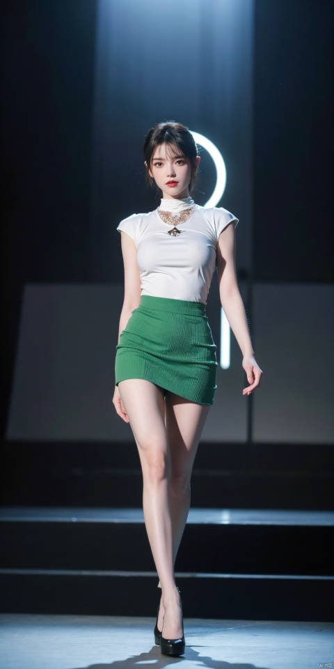  1girl,eye contact,sunlight,(green JK_suit:1.2),JK_style,(dark blue JK_skirt),(Round-neck T-shirt:1.1),standing,full body,arms behindback,white thighhigh,unity 8k wallpaper,ultra detailed,beautiful and aesthetic,(Fashion show runway:1.3),(depth of field:1.5),(black pantyhose),reality,high quality,highres,(big breasta:1.39)