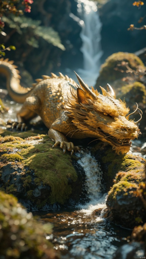 A dragon, lying down, mossy rocks, background (cliff, waterfall), depth of field, 4K, dragon