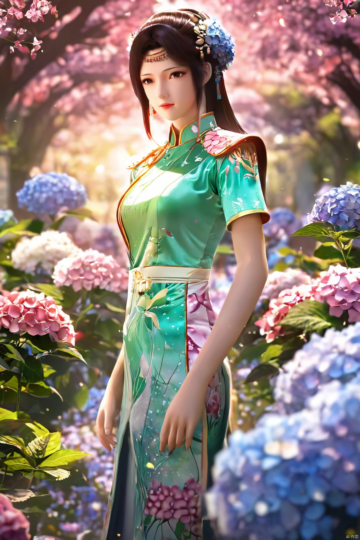 1girl,medium shot,solo,emotional_face,flower dress,flower armor,looking_at_viewer,colorful blooming flowers,forming a dreamlike world,flower_garden,flowers everywhere,greens,pinks,bokeh,cinematic,exposure blend,(muted_colors, dim_colors, soothing_tones:1.3),21yo girl,(big breasts:1.39), Xyunyun, ,Xcheongsam, X-Hydrangea,X-Rose, desert_sky