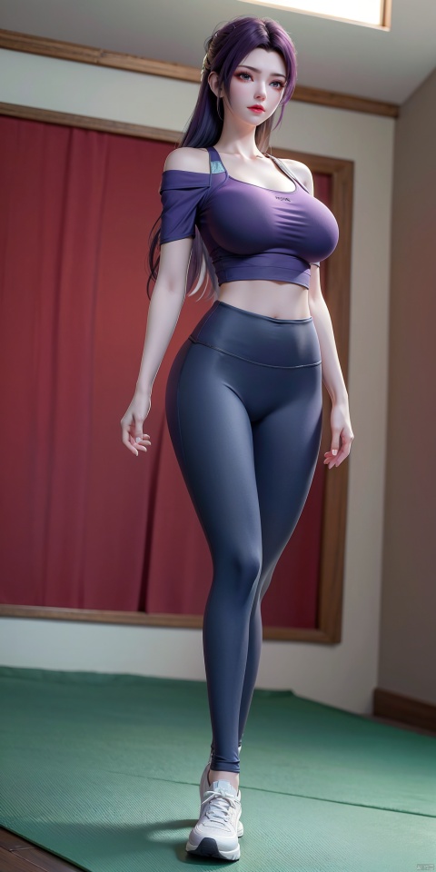  Best quality, masterpiece, 8K, long purple hair, (Viewer:1.5), 1 girls standing chest to chest, (Tight off-the-shoulder T-shirt:1.2), yoga pants, sports shoes, yoga studio, whole body, (big breasts:1.5), (taken from below:1.2).