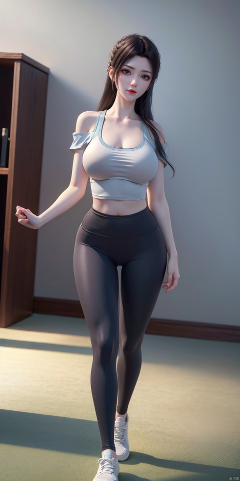  Best quality, masterpiece, 8K,very long hair, (Viewer:1.5), 1 girls standing chest to chest, (Tight off-the-shoulder T-shirt:1.2), yoga pants, sports shoes, yoga studio, whole body, (big breasts:1.5), (taken from below:1.2).