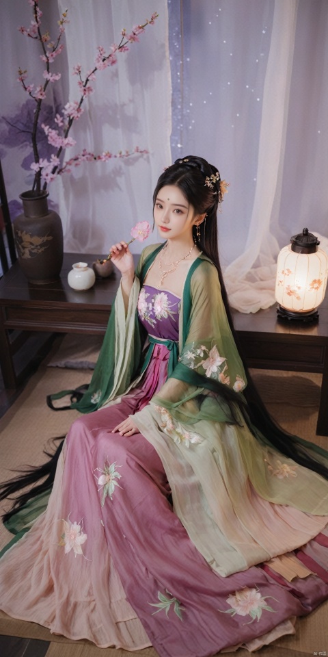  1girl, solo, long hair, black hair,Hairpins,necklace, hair ornament, dress, full body, flower, earrings, indoors, hair bun, (purple-pink-green dress),(Tube top Hanfu long skirt:1.1), pillow, bed, night, chinese clothes, table, branch,daxiushan, ,daxiushan style,(huge breasts:1.69), (full breasts:1.59), realistic,hanfu, daxiushan,Shoulders are exposed, , daxiushan, arien_hanfu, FilmGirl