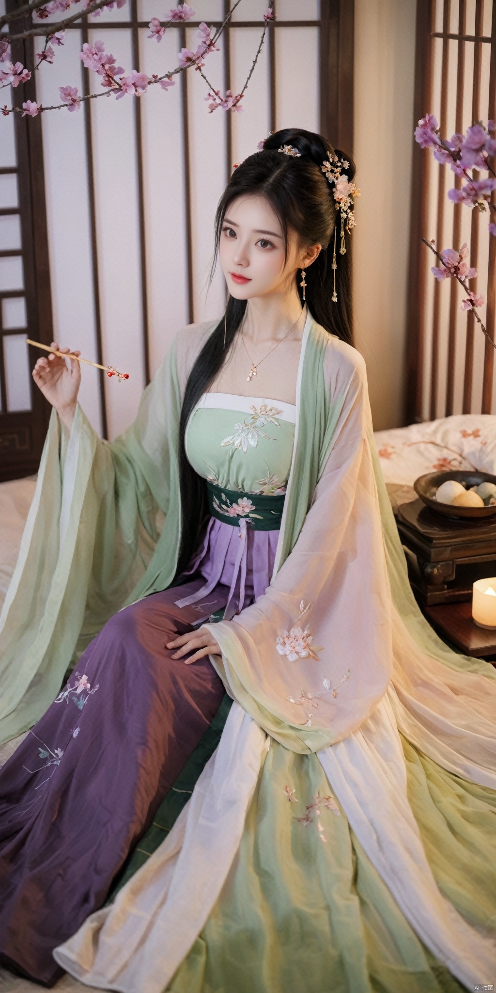  1girl, solo, long hair, black hair,Hairpins,necklace, hair ornament, dress, full body, flower, earrings, indoors, hair bun, (purple-green dress),(Tube top Hanfu long skirt:1.1), pillow, bed, night, chinese clothes, table, branch,daxiushan, ,daxiushan style,(huge breasts:1.88), (full breasts:1.59), realistic,hanfu, daxiushan,Shoulders are exposed, , daxiushan, arien_hanfu, FilmGirl