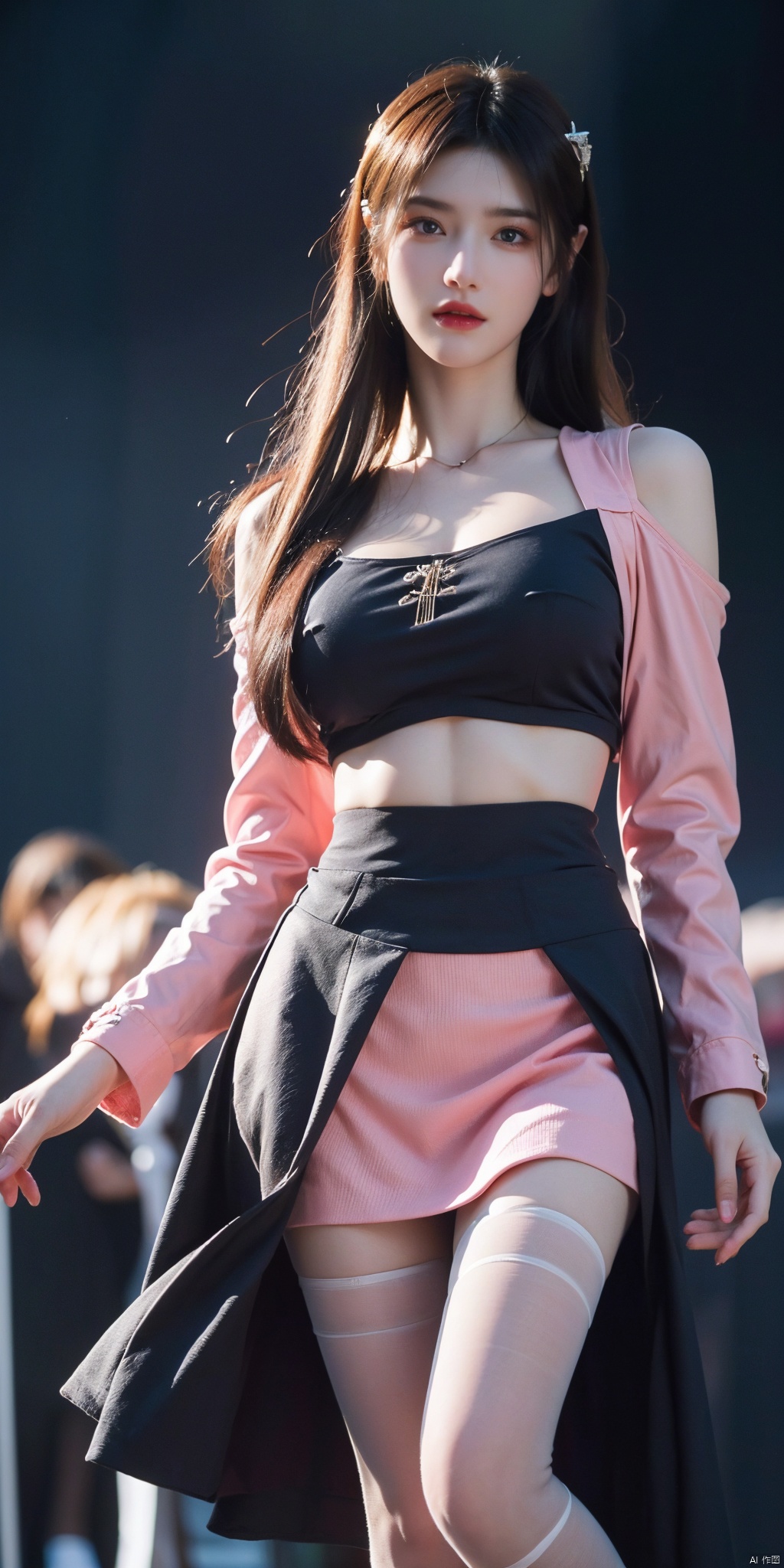  1girl,eye contact,sunlight,(pink JK_suit:1.2),JK_style,(dark blue JK_skirt),standing,arms behindback,white thighhighs,unity 8k wallpaper,ultra detailed,beautiful and aesthetic,(Fashion show runway:1.3),(depth of field:1.5),(black pantyhose),reality,high quality,highres,(big breasta:1.43)