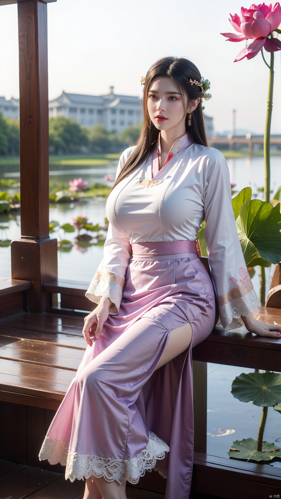  (1girl:1.1), (Lace purple skirt:1.39), on Stomach,aqua_earrings,Lights, lanterns, chang,(big breasts:1.56),hanfu, Best quality, Realistic, photorealistic, masterpiece, extremely detailed CG unity 8k wallpaper, best illumination, best shadow, huge filesize ,(huge breasts:1.56) incredibly absurdres, absurdres, looking at viewer, transparent, smog, gauze, vase, petals, room, ancient Chinese style, detailed background, wide shot background,
(((black hair))),(Sitting on the lotus pond porch:1.49) ,(A pond full of pink lotus flowers:1.5),close up of 1girl,Hairpins,hair ornament,hair wings,slim,narrow waist,perfect eyes,beautiful perfect face,pleasant smile,perfect female figure,detailed skin,charming,alluring,seductive,erotic,enchanting,delicate pattern,detailed complex and rich exquisite clothing detail,delicate intricate fabrics,
Morning Serenade In the gentle morning glow, (a woman in a pink lotus-patterned Hanfu stands in an indoor courtyard:1.36),(Chinese traditional dragon and phoenix embroidered Hanfu:1.3), admiring the tranquil garden scenery. The lotus-patterned Hanfu, embellished with silver-thread embroidery, is softly illuminated by the morning light. The light mint green Hanfu imparts a sense of calm and freshness, adorned with delicate lotus patterns, with a blurred background to enhance the peaceful atmosphere,