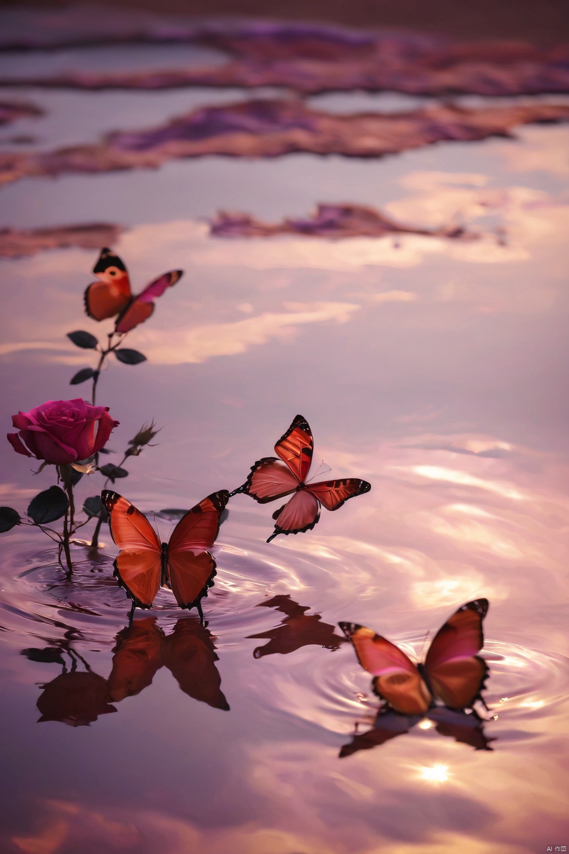 X-Rose,rose,red,pink,puWater_butterfly,butterfly,water,water ripplesrpleX-Rose,rose,red,pink,purple, Silhouette_Landscape, Water_butterfly, desert_sky, weijin_hanfu, medusa