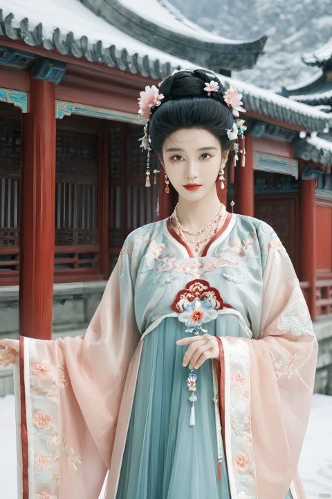  masterpiece,best quality,8K,official art,ultra high res,1girl,looking at viewer,chinese clothes,hanfu,jewelry,hair ornament,upper body,solo,earrings,snowy mountain,ruins,flower,black hair,necklace,teeth,hair bun,dress,parted lips,hair flower,((full body)),dress,hanfu,embroidery,exquisite,meticulous,(tulle:1.4), MAJICMIX STYLE, FilmGirl, monkren