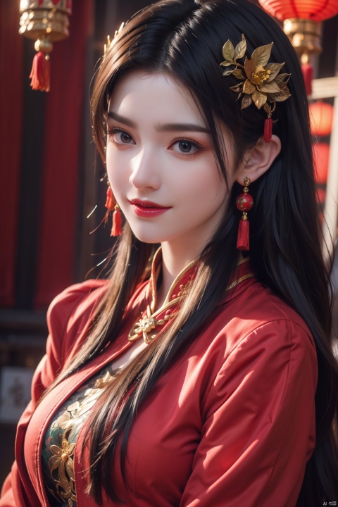  1girl,(solo:1.2),red sweater,sweater,sitting,grin,smile,chinese new year,jewelry,tassel,lantern,make up,hair ornament,(realistic,4K resolution,masterpiece,top quality,best quality,official art,beautiful and aesthetic),photorealistic,red background,paper lantern,eastern dragon