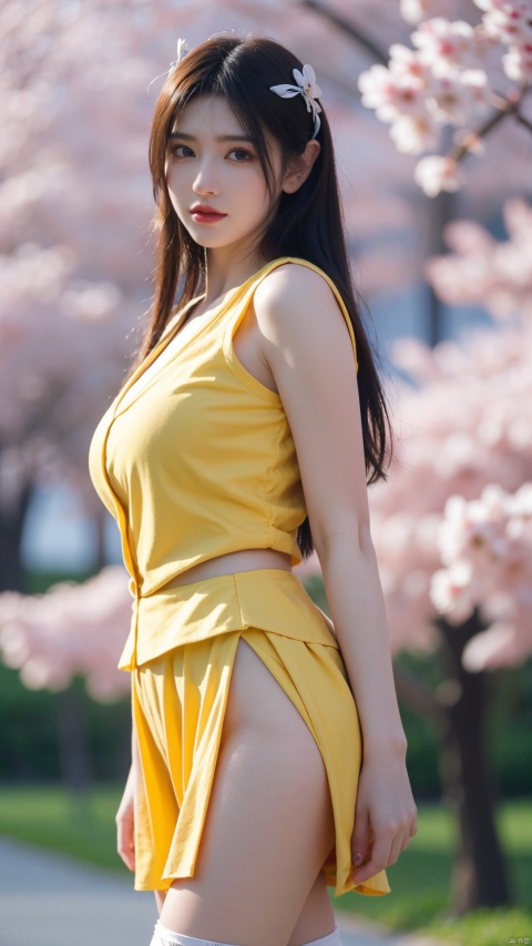  1girl,eye contact,sunlight,(yellow JK_suit:1.2),JK_style,(dark blue JK_skirt),standing,arms behindback,white thighhighs,unity 8k wallpaper,ultra detailed,beautiful and aesthetic,cherry blossoms,(depth of field:1.5),(black pantyhose),reality,high quality,highres,(big breasta:1.26)