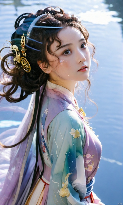  (long shot front view:1.1) a girl with brunette Curly hair and hazel eyes wearing modest cyber mecha hanfu,(looking up in awe:1.1),watercolor splotches background,Backlit,soft lighting,(water color:0.8),anime artwork,anime style,key visual,vibrant,(extremely detailed:1.1),expressive, See through
