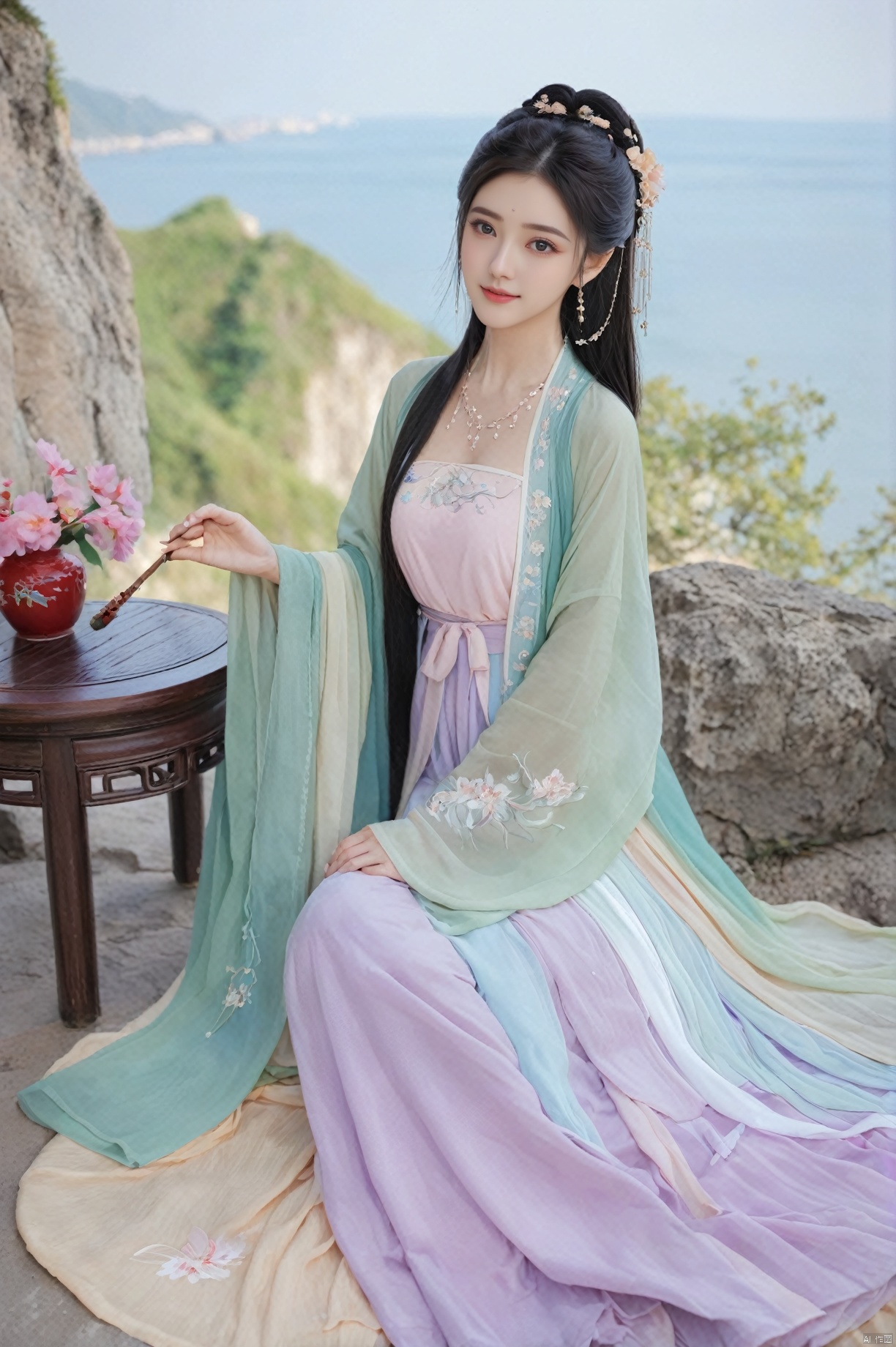  (Masterpiece:1.2), best quality, (huge and full breasts:1.99), (full breasts:1.58), necklace, Tree, Outdoor, Flower Sea, Cliff Edge, full body, daxiushan
1girl, long hair, breasts, looking at viewer, black hair, hair ornament, long sleeves, dress, indoors, wide sleeves, purple-blue-green dress, chinese clothes, table, realistic, hanfu, daxiushan,daxiushan style, monkren, FilmGirl