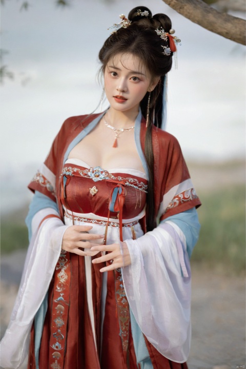  (masterpiece, top quality, best quality, official art, beautiful and aesthetic:1.2),gf-hd, 1girl, solo, hair ornament, jewelry,hanfu dress, red dress, earrings, chinese clothes, brown hair, ribbon, hanfu, red ribbon, shawl, song_hanfu,(big breasts:1.59), monkren