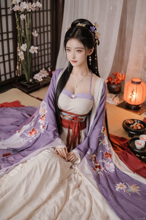  1girl,solo,long hair,white hair,Hairpins,necklace, hair ornament, dress, full body, flower, earrings, indoors, hair bun, (purple-red-black dress),(Tube top Hanfu long skirt:1.1), pillow, bed, night, chinese clothes, table, branch,daxiushan, ,daxiushan style,(huge breasts:1.6), (full breasts:1.39), realistic,hanfu, daxiushan,Shoulders are exposed, , daxiushan, arien_hanfu, FilmGirl