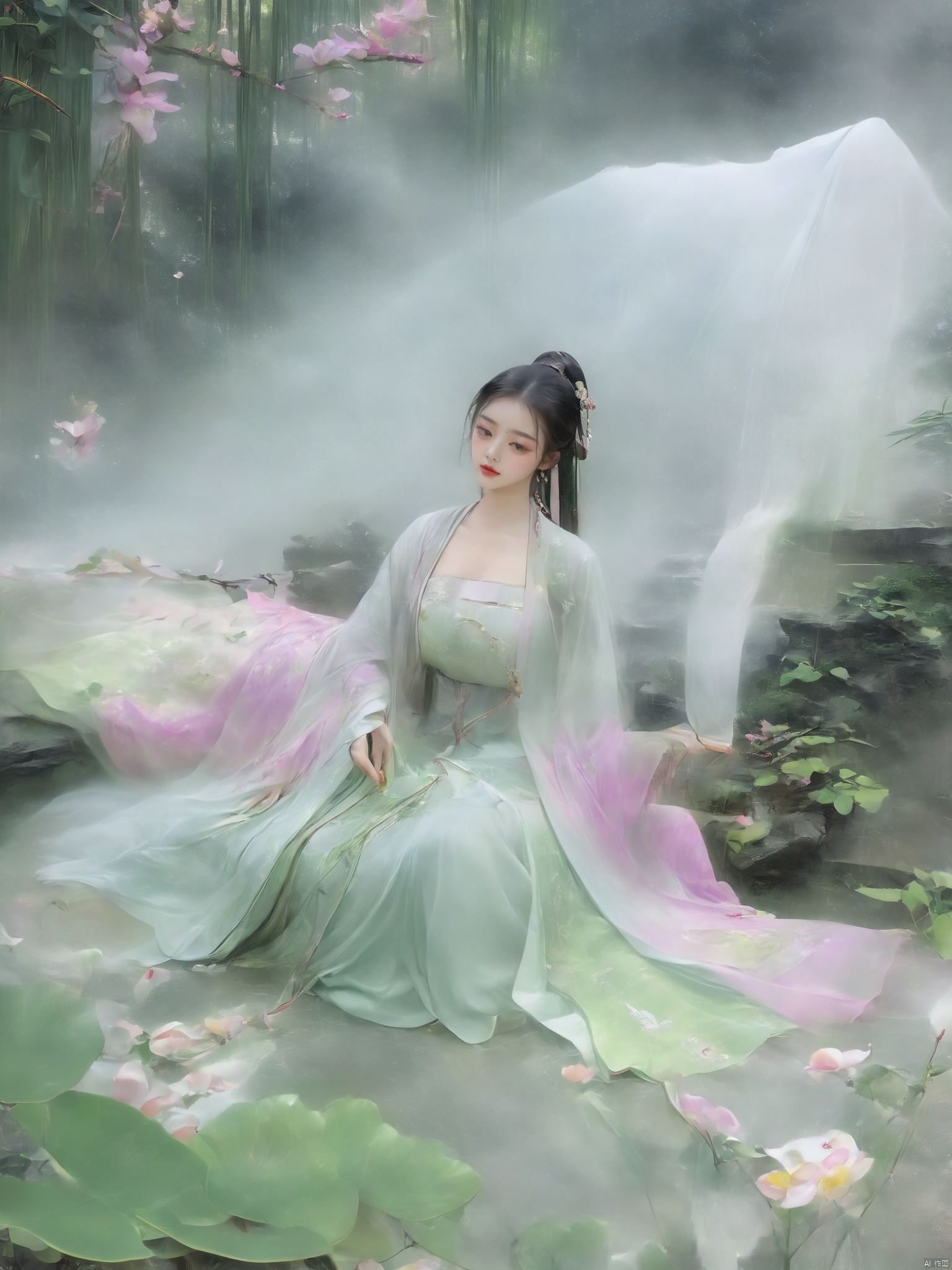  ((1girl)),solo,lying on back on bamboo mat bed in garden,paper fan,thin hanfu,foggy,(curtain),(bamboo forest),(huge breasts:2),(Spread your legs and expose your vagina:1.55),tiles roof,light green and white,off shoulders,chinese painting,gongbi style,water_color,(grapevineman:1.4),(huge breasts:2.5),(trees, artificial mountain, green lotus leaves,light pink lotus flowers),koi,wooden windows,doors,bed,stone,trandional architecture,temple,tower,wall,chinese garden,long hair,full body,bangs,(huge breasts:2.2),(masterpiece, Extremely detailed, best quality, highres:1.2),(ultra_detailed, UHD:1.2),soft smile,huyefo,1girl,see-through,(huge breasts:2.3),,*****,bsp,daxiushan,daxiushan style, , ,