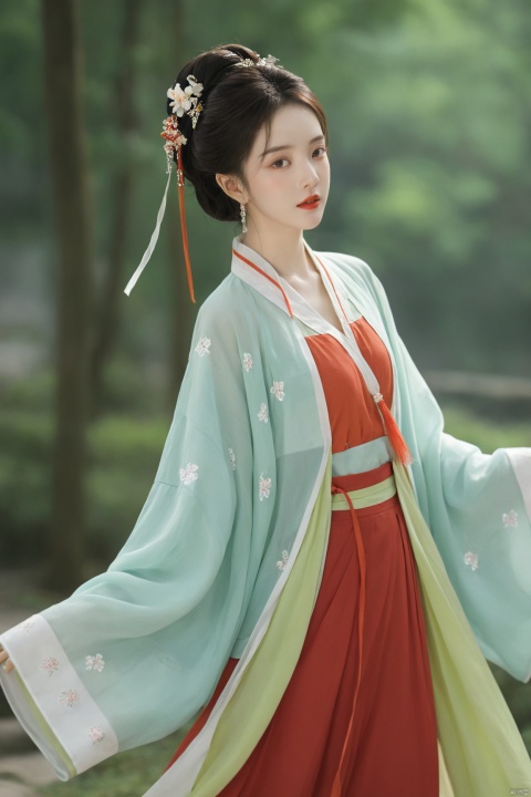  (masterpiece, top quality, best quality, official art, beautiful and aesthetic:1.2),gf-hd, 1girl, solo, hair ornament, jewelry,hanfu dress, red dress, earrings, chinese clothes, brown hair, ribbon, hanfu, red ribbon, shawl, song_hanfu,(big breasts:1.89), ,(full breasts:1.89),monkren, tang_hanfu, weijin_hanfu