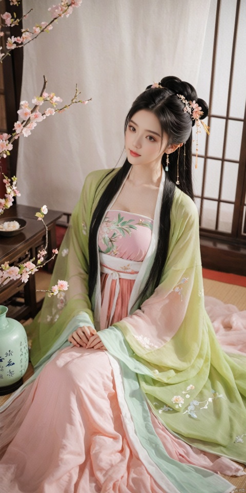  1girl, solo, long hair, black hair,Hairpins,necklace, hair ornament, dress, full body, flower, earrings, indoors, hair bun, (pink-green dress),(Tube top Hanfu long skirt:1.1), pillow, bed, night, chinese clothes, table, branch,daxiushan, ,daxiushan style,(huge breasts:1.88), (full breasts:1.59), realistic,hanfu, daxiushan,Shoulders are exposed, , daxiushan, arien_hanfu, FilmGirl