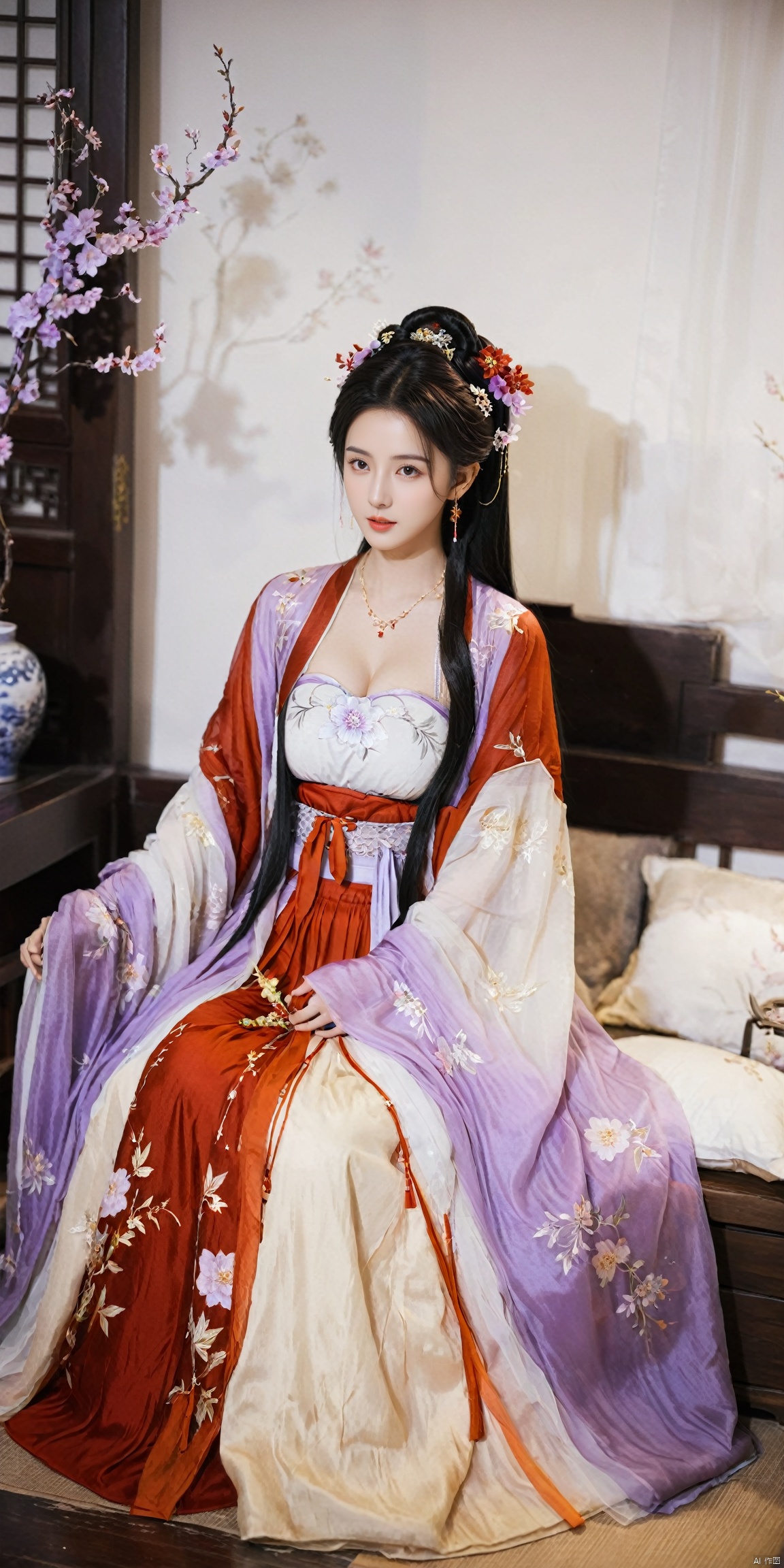  1girl, solo, long hair, black hair,Hairpins,necklace, hair ornament, dress, full body, flower, earrings, indoors, hair bun, (purple-red-white dress),(Tube top Hanfu long skirt:1.1), pillow, bed, night, chinese clothes, table, branch,daxiushan, ,daxiushan style,(huge breasts:1.6), (full breasts:1.39), realistic,hanfu, daxiushan,Shoulders are exposed, , daxiushan, arien_hanfu, FilmGirl