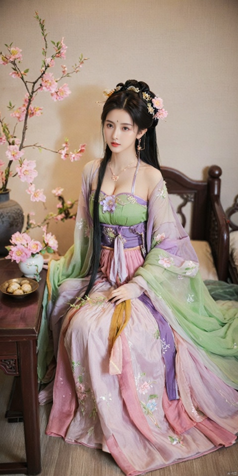  1girl, solo, long hair, black hair,Hairpins,necklace, hair ornament, dress, full body, flower, earrings, indoors, hair bun, (purple-pink-green dress),(Tube top Hanfu long skirt:1.1), pillow, bed, night, chinese clothes, table, branch,daxiushan, ,daxiushan style,(huge breasts:1.6), (full breasts:1.39), realistic,hanfu, daxiushan,Shoulders are exposed, , daxiushan, arien_hanfu, FilmGirl