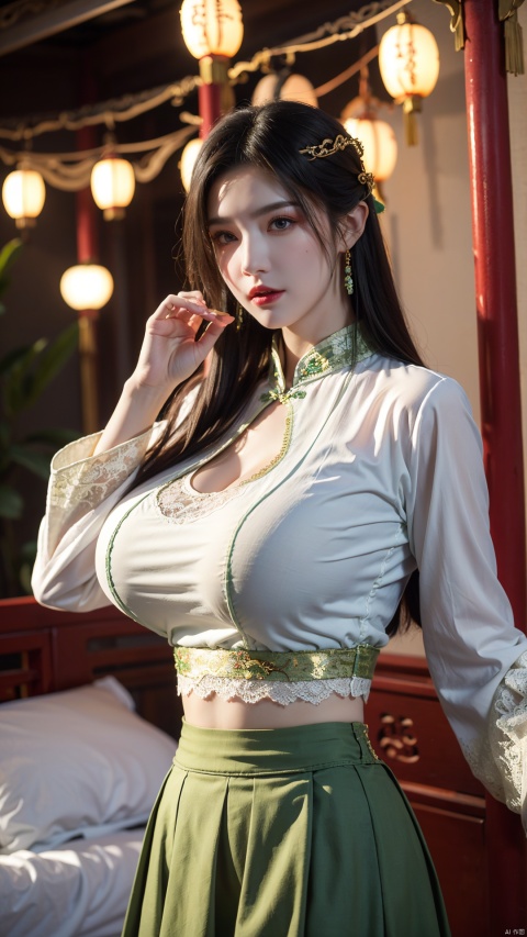  realistic, photo realistic, extremely detailed wallpaper, masterpiece, best quality, ultra-detailed,1girl, (Lace green skirt:1.39), on Stomach, bed,aqua_earrings,Lights, lanterns, chang,(big breasts:1.66),hanfu, (antique cheongsam, Chinese round fans:1.2),