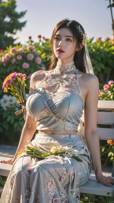  (Floral_wrap_top:1.4),(light rainbow gradient color Midi_skirt:1.4),(Beaded_bracelets:1.3),(Garden_party_background:1.5)1girl,solo,very long hair, (big breasts:1.66),outdoors,streets,street,city,(Beach_background:1.4),(masterpiece, best quality, realistic,),(photorealistic:1.4),chinese girl,lip,brown eyes,(brighteninglight:1.2),(Increasequality:1.4),finelydetailedeyes,She has exquisite facial features and delicate skin,Rich and realistic skin texture,fine hands,the magnificent evening dress was adorned with sparkling jewelry,(Facing the camera, sitting on a park bench:1.3),(Romantic_lace_top:1.5),(Flowy_maxi_skirt:1.4),(Delicate_bracelet:1.3),(high neck lace evening dress:1.39),(Garden_wedding_background:1.39), yuyao, qianjin, (big breasts:1.83),(flowers:1.69), shidudou