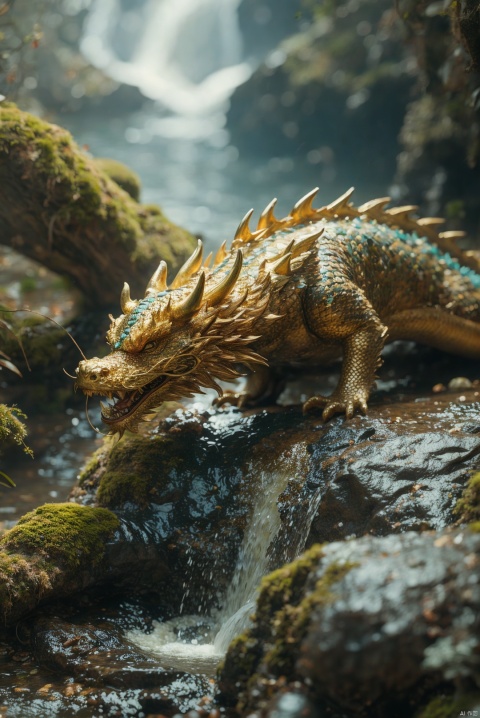 A dragon, lying down, mossy rocks, background (cliff, waterfall), depth of field, 4K, dragon,dragonhead,red_eye,cyan