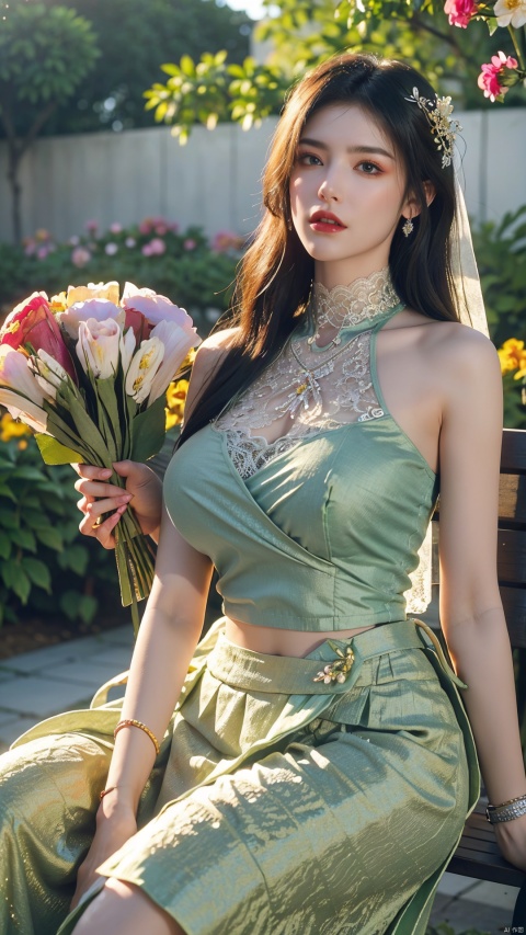  (Floral_wrap_top:1.4),(light rainbow gradient color Midi_skirt:1.4),(Beaded_bracelets:1.3),(Garden_party_background:1.5),1girl,solo,long hair, (big breasts:1.6),outdoors,streets,street,city,(Beach_background:1.4),(masterpiece, best quality, realistic,),(photorealistic:1.4),chinese girl,lip,brown eyes,(brighteninglight:1.2),(Increasequality:1.4),finelydetailedeyes,She has exquisite facial features and delicate skin,Rich and realistic skin texture,fine hands,the magnificent evening dress was adorned with sparkling jewelry,(Facing the camera, sitting on a park bench:1.3),(Romantic_lace_top:1.5),(Flowy_maxi_skirt:1.4),(Delicate_bracelet:1.3),(high neck green lace evening dress:1.39),(Garden_wedding_background:1.39), yuyao, qianjin, (big breasts:1.8),(flowers:1.69), shidudou