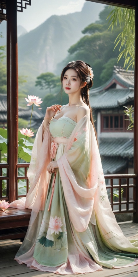  ((1girl)),solo,(huge breasts:2.1),kneel on a bamboo mat bed in garden,thin hanfu,foggy,(curtain),(bamboo forest:1.2),tiles roof,translucent silk chiffon hanfu,dudou,light green and white,off shoulders,chinese painting,gongbi style,water_color,(grapevineman:1.2),(trees, artificial mountain, green lotus leaves,light pink lotus flowers),koi,wooden windows,doors,bed,(rocky garden),trandional architecture,temple,tower,wall,chinese garden,long hair,full body,bangs,(masterpiece, Extremely detailed, best quality, highres:1.2),(ultra_detailed, UHD:1.2),soft smile,nsfw,(huge breasts:2.3), gufeng