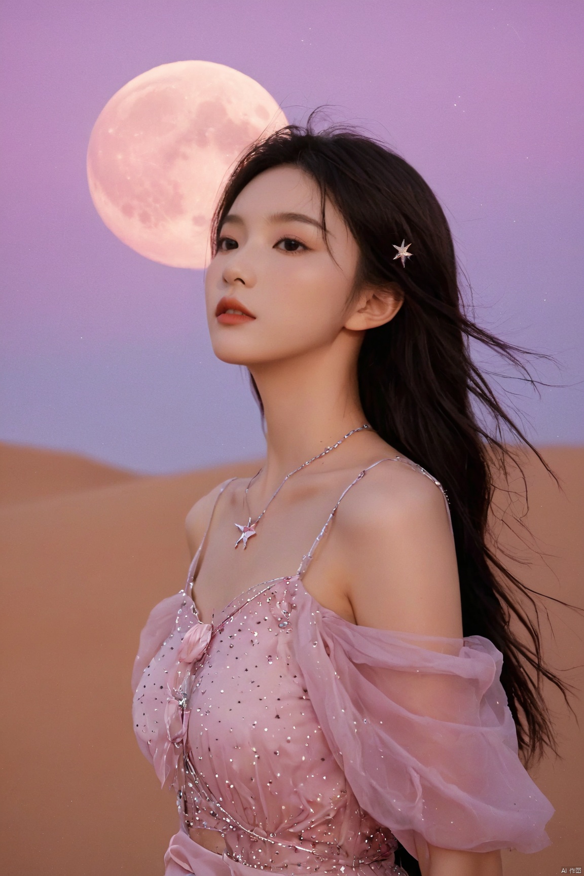 desert_sky,1girl,full moon,scenery,desert,pink-purple sky,star,more detail XL,xxmixgirl, xxmix_girl, monkren, qingyi, 