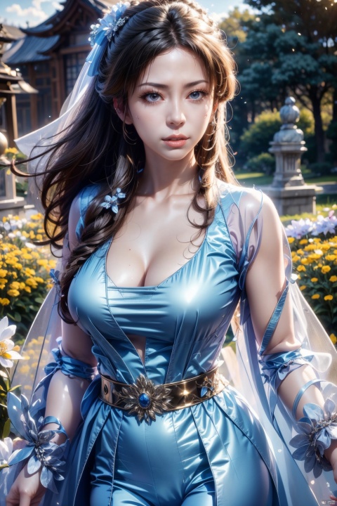  masterpiece,best quality,official art,extremely detailed CG unity 8k wallpaper,realistic,light rays,light particles,1girl,solo,realistic,looking_at_viewer,lips,black_hair,long_hair,medium breasts,hair_bun,hair_ornament,brown_eyes,SunLight,Flowers,Outdoors,Hair Ornaments,White Flowers,Vast Open Field,dynamic pose,looking at viewer,standing, NaGongWan, Nakagawa_Kokoro, Hashimoto_Kanna