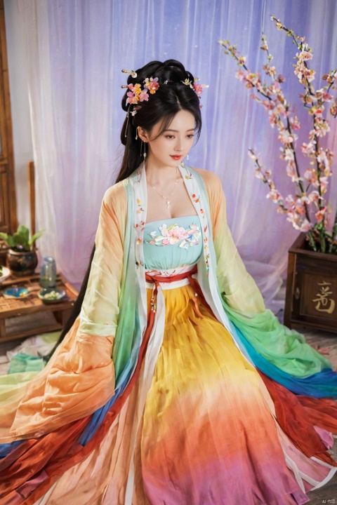  1girl, solo, long hair, black hair,Hairpins,necklace, hair ornament, dress, full body, flower, earrings, indoors, hair bun, (Seven-color rainbow gradient color dress),(Tube top Hanfu long skirt:1.1), pillow, bed, night, chinese clothes, table, branch,daxiushan, ,daxiushan style,(huge breasts:1.99), (full breasts:1.59), realistic,hanfu, daxiushan,Shoulders are exposed, , daxiushan, arien_hanfu, FilmGirl