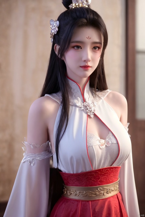 Xbaihehuai,masterpiece,(best quality),official art, extremely detailed cg 8k wallpaper,((crystalstexture skin)), (extremely delicate and beautiful),highly detailed,1girl,solo,long hair,headwear,,(black hair),(closed mouth),(standing),(chinese clothing),dress,Headwear, jewelry,,looking at the audience,Facing the camera,indoor,Street, Sunny,(whole body),looking_at_viewer, (big breasts), upper body,Xbaihehuai