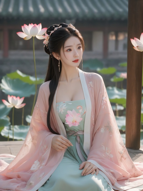  Best quality, Realistic, photorealistic, masterpiece, extremely detailed CG unity 8k wallpaper, best illumination, best shadow, huge filesize ,(huge breasts:2.2), incredibly absurdres, absurdres, looking at viewer, transparent, smog, gauze, vase, petals, room, ancient Chinese style, detailed background, wide shot background,
(((1gilr,black hair))),(Sitting on the lotus pond porch:1.39) ,(huge breasts:2.3),(A pond full of pink lotus flowers:1.3),close up of 1girl,Hairpins,hair ornament,hair wings,slim,narrow waist,(huge breasts:2.33),perfect eyes,beautiful perfect face,pleasant smile,perfect female figure,detailed skin,charming,alluring,seductive,erotic,enchanting,delicate pattern,detail,delicate intricate fabrics,
Morning Serenade In the gentle morning glow, (a woman in a pink lotus-patterned Hanfu stands in an indoor courtyard:1.26),admiring the tranquil garden scenery. The lotus-patterned Hanfu, embellished with silver-thread embroidery, is softly illuminated by the morning light, with a blurred background to enhance the peaceful atmosphere,(huge breasts:2.39), monkren, MAJICMIX STYLE