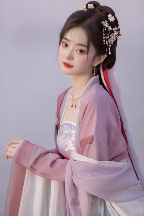  (masterpiece, top quality, best quality, official art, beautiful and aesthetic:1.2),gf-hd, 1girl, solo, hair ornament, jewelry,hanfu dress, red dress, earrings, chinese clothes, brown hair, ribbon, hanfu, red ribbon, shawl, song_hanfu,(big breasts:1.99),(full breasts:1.89),monkren, tang_hanfu
