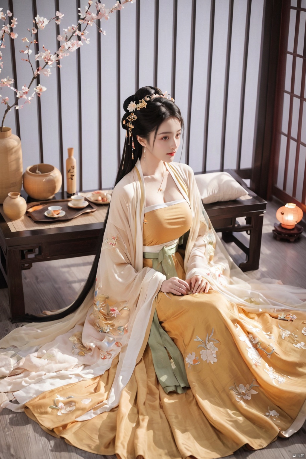  1girl, solo, long hair, black hair,Hairpins,necklace, hair ornament, dress, full body, flower, earrings, indoors, hair bun, (Gold colour dress),(Tube top Hanfu long skirt:1.1), pillow, bed, night, chinese clothes, table, branch,daxiushan, ,daxiushan style,(huge breasts:1.99), (full breasts:1.59), realistic,hanfu, daxiushan,Shoulders are exposed, , daxiushan, arien_hanfu, FilmGirl