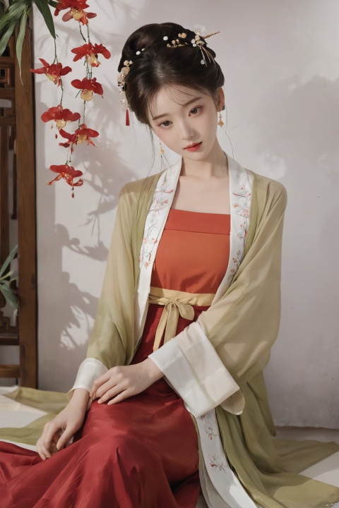  (masterpiece, top quality, best quality, official art, beautiful and aesthetic:1.2),gf-hd, 1girl, solo, hair ornament, jewelry,hanfu dress, red dress, earrings, chinese clothes, brown hair, ribbon, hanfu, red ribbon, shawl, song_hanfu,(big breasts:1.39), monkren