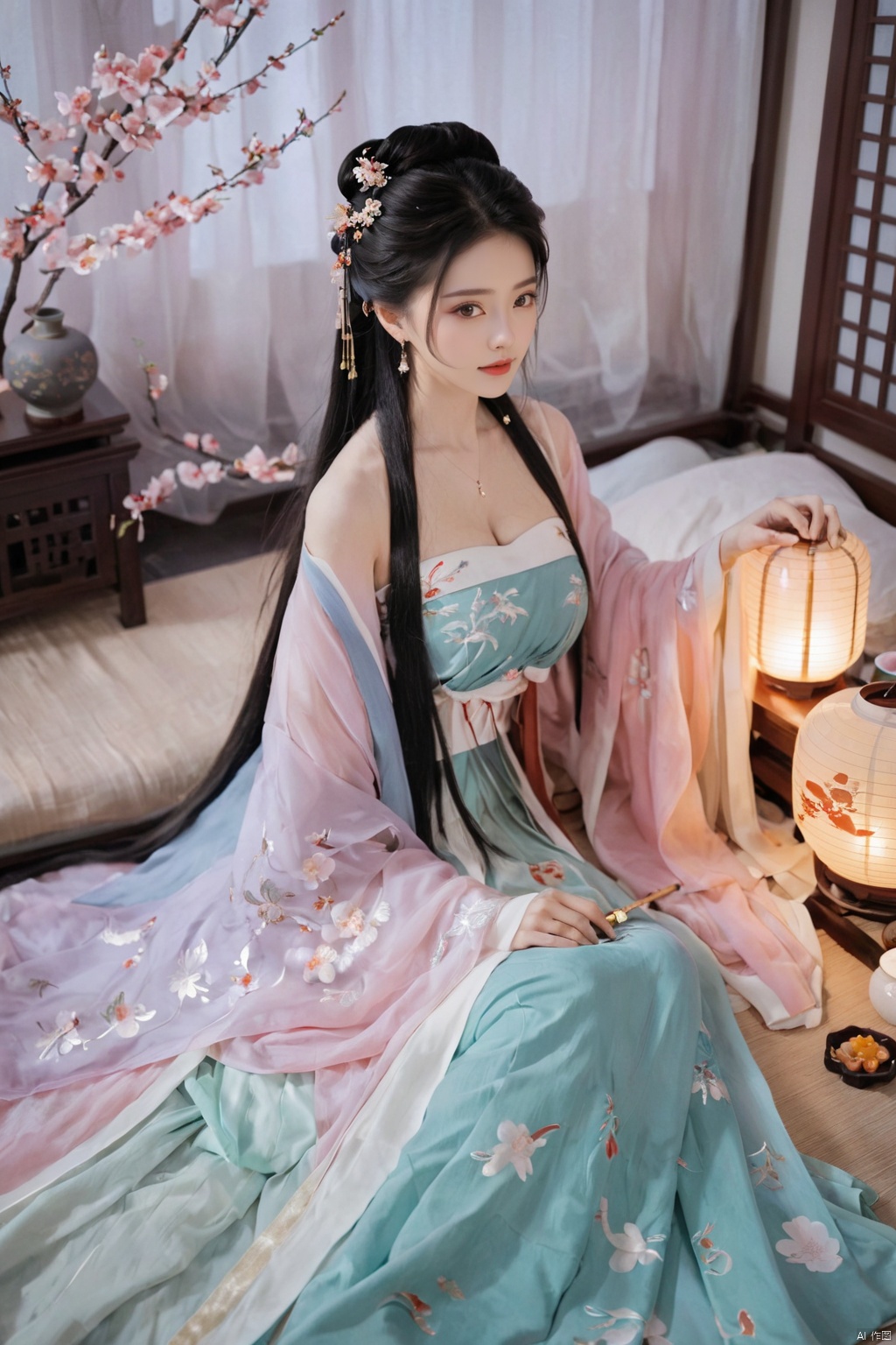  1girl, solo, long hair, black hair,Hairpins,necklace, hair ornament, dress, full body, flower, earrings, indoors, hair bun, (Holographic color dress),(Tube top Hanfu long skirt:1.1), pillow, bed, night, chinese clothes, table, branch,daxiushan, ,daxiushan style,(huge breasts:1.99), (full breasts:1.59), realistic,hanfu, daxiushan,Shoulders are exposed, , daxiushan, arien_hanfu, FilmGirl