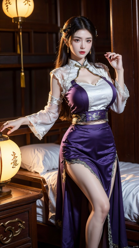  1girl, (high collar Lace Dark purple skirt:1.39), on Stomach, bed,aqua_earrings,Lights, lanterns, chang,(big breasts:1.52),hanfu, (antique cheongsam, Chinese round fans:1.2),