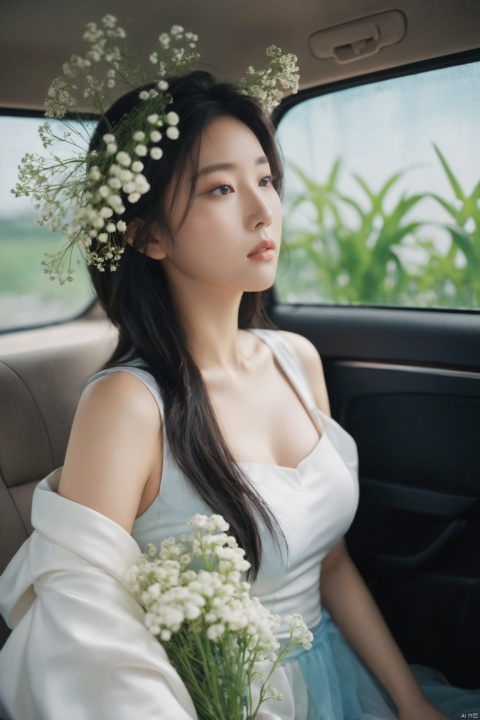  breathtaking ethereal fantasy concept art of cinematic film still,chinese girl,a girl with white hair sitting in car filled with flowers,(big breasta:1.49), art by Rinko Kawauchi,in the style of naturalistic poses,vacation dadcore,youth fulenergy,a cool expression,body extensions,flowersin the sky,****og film,super detail,dreamy lofi photography,colourful,covered in flowers andvines,Inside view,shot on fujifilm XT4 . shallow depth of field,vignette,highly detailed,high budget,bokeh,cinemascope,moody,epic,gorgeous,film grain,grainy . magnificent,celestial,ethereal,painterly,epic,majestic,magical,fantasy art,cover art,dreamy,monkren, . award-winning, professional, highly detailed, light master, monkren, sunlight