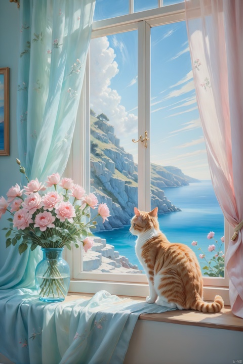  a cat looking at a bouquet, near by the window with the curtains, coastal landscape outside the window, oil painting, plein air painting, dreamy azure, light blue and dreamy pink, dreamy ice mint, natural light, high quality, high detail, super clarity, transcendent work