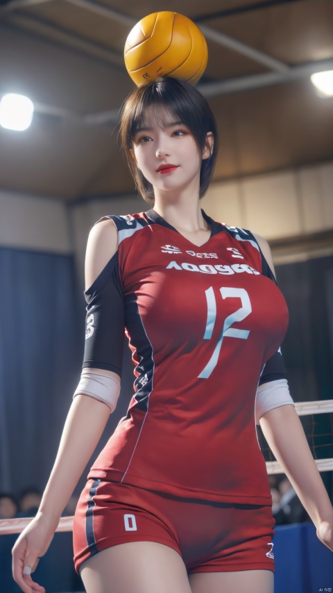  1girl, (volleyball uniform:1.1), smile, holding volleyball, milf, mature female, short hair, (gigantic breasts:1.2), skindentation, tall ,narrow waist, thighs, wide hips,eyeliner, eyelashes, perfect face, detailed eyes, facial lighting, indoor stadium, audience, crowd, looking at viewer(masterpiece, high quality:1.2),moyou